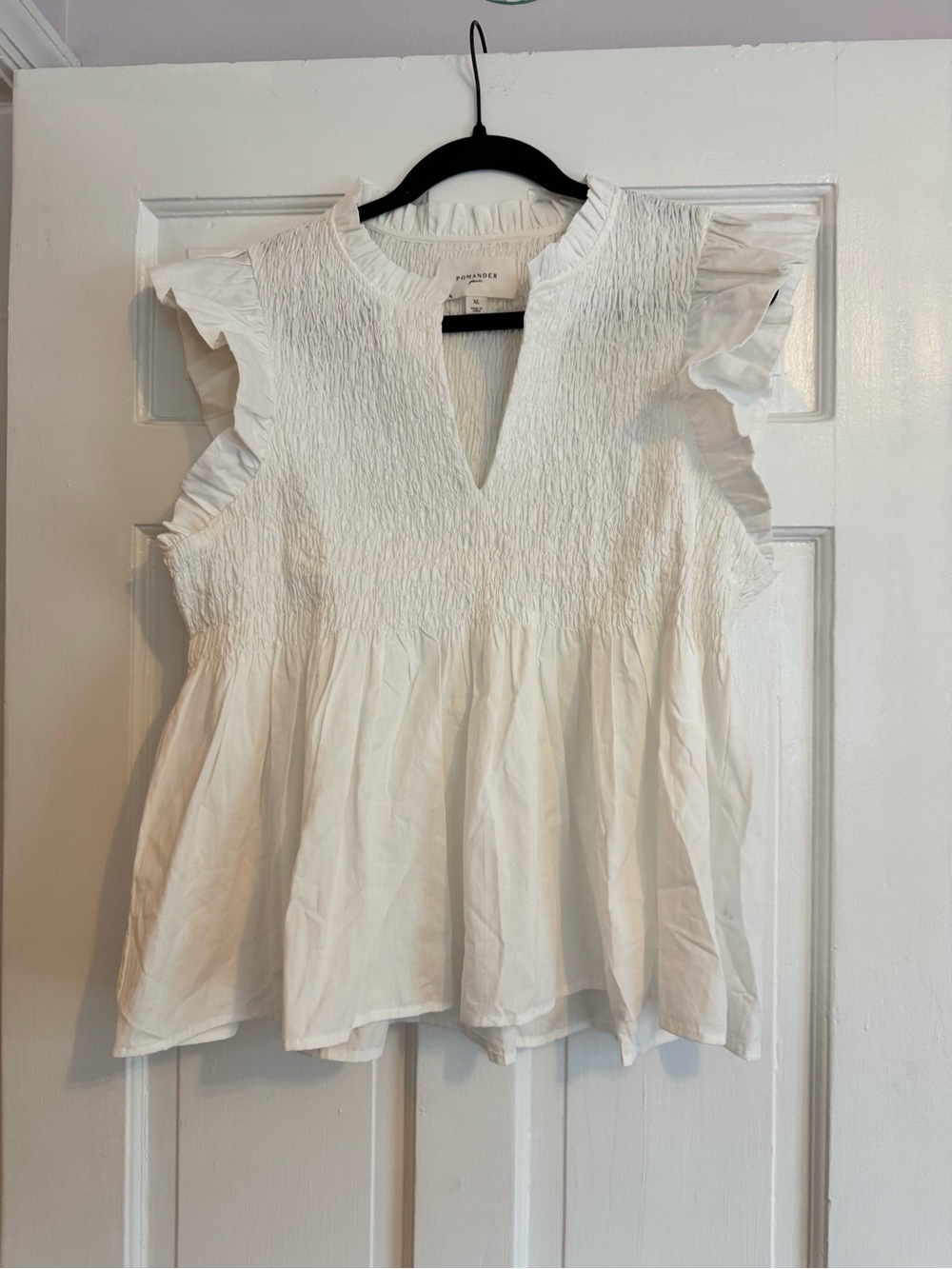 Pomander Place White Smocked Peplum Flutter-Sleeve Blouse Split V-Neck, XL